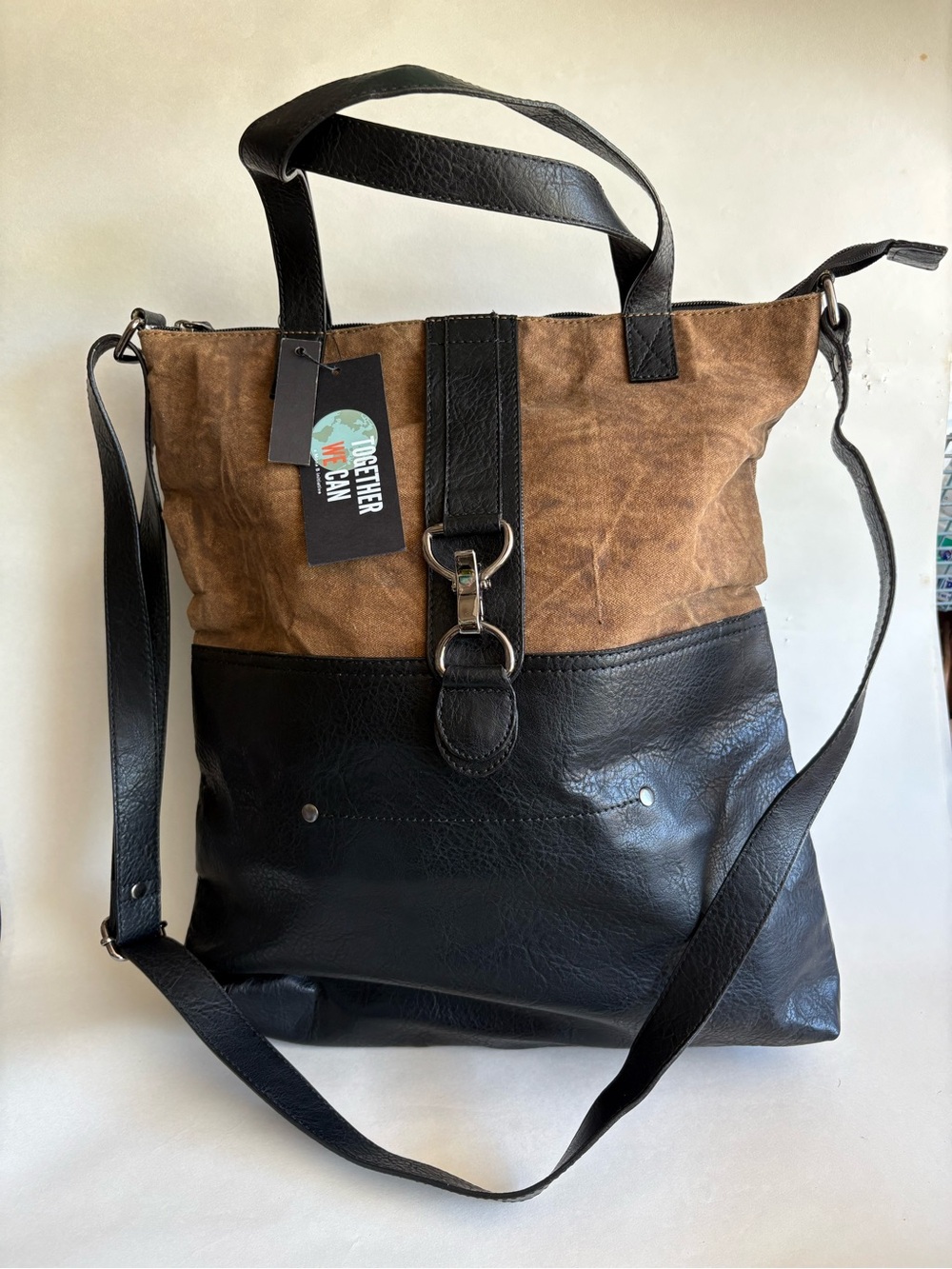 Together Brown and Black Upcycled Messenger Tote with Vegan Leather Trim